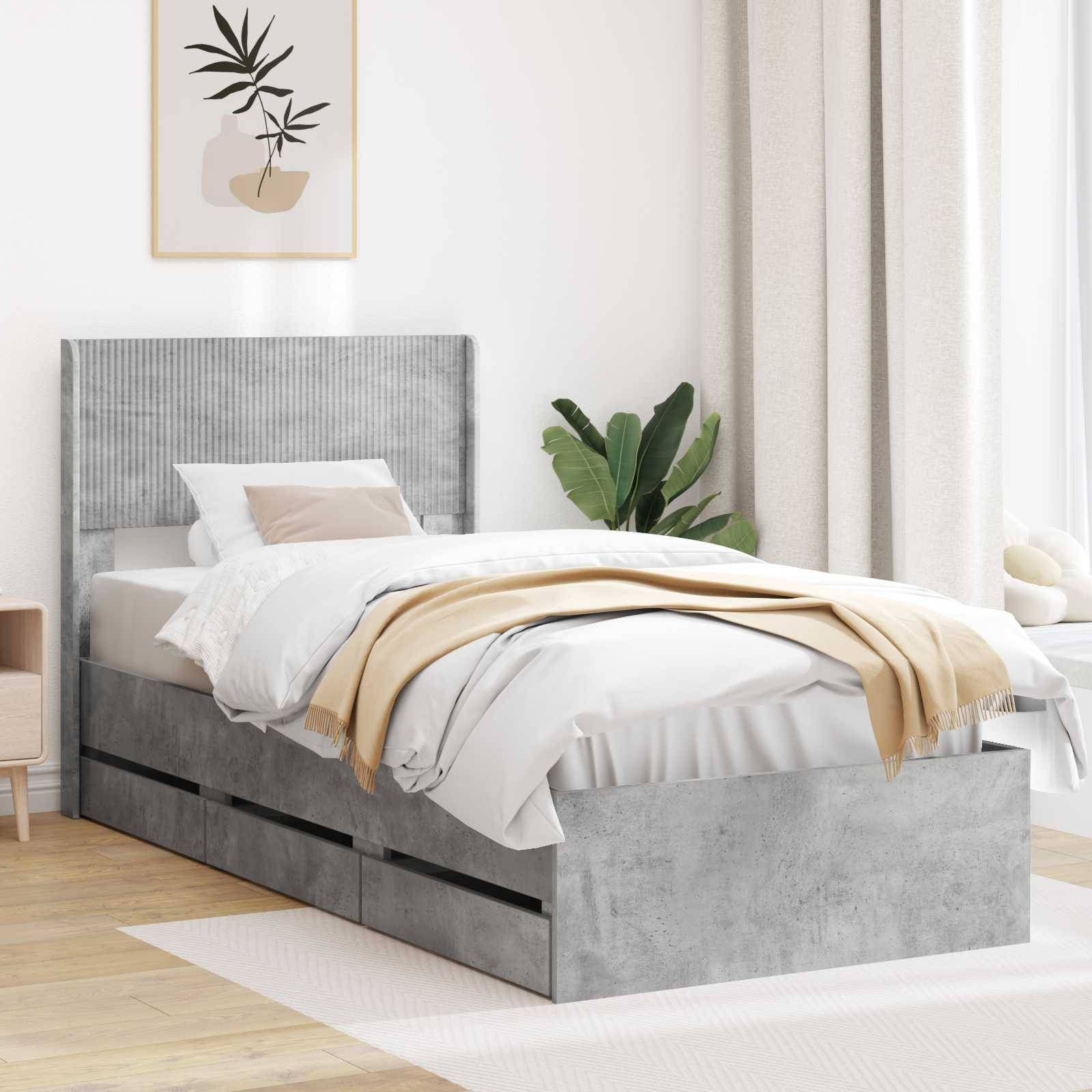 vidaXL Bettgestell mit Stauraum und Kopfteil Betongrau 90 x 200 cm