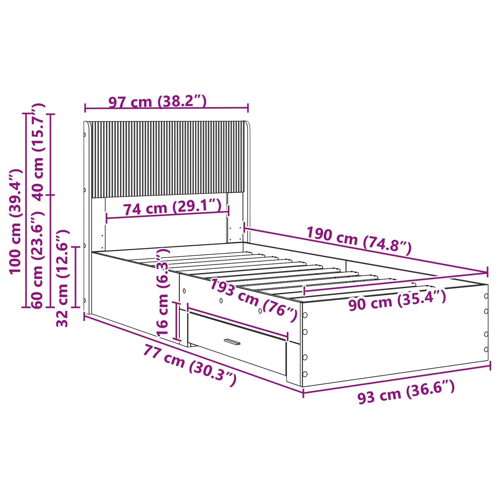 vidaXL Bettgestell mit Stauraum und Kopfteil Sonoma-Eiche 90 x 190 cm