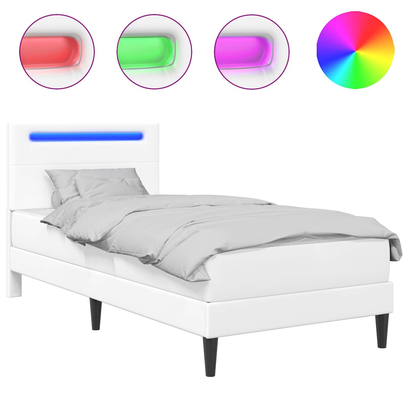 vidaXL Bettrahmen mit LED-Lichtleisten Weiß 90 x 190 cm Kunstleder