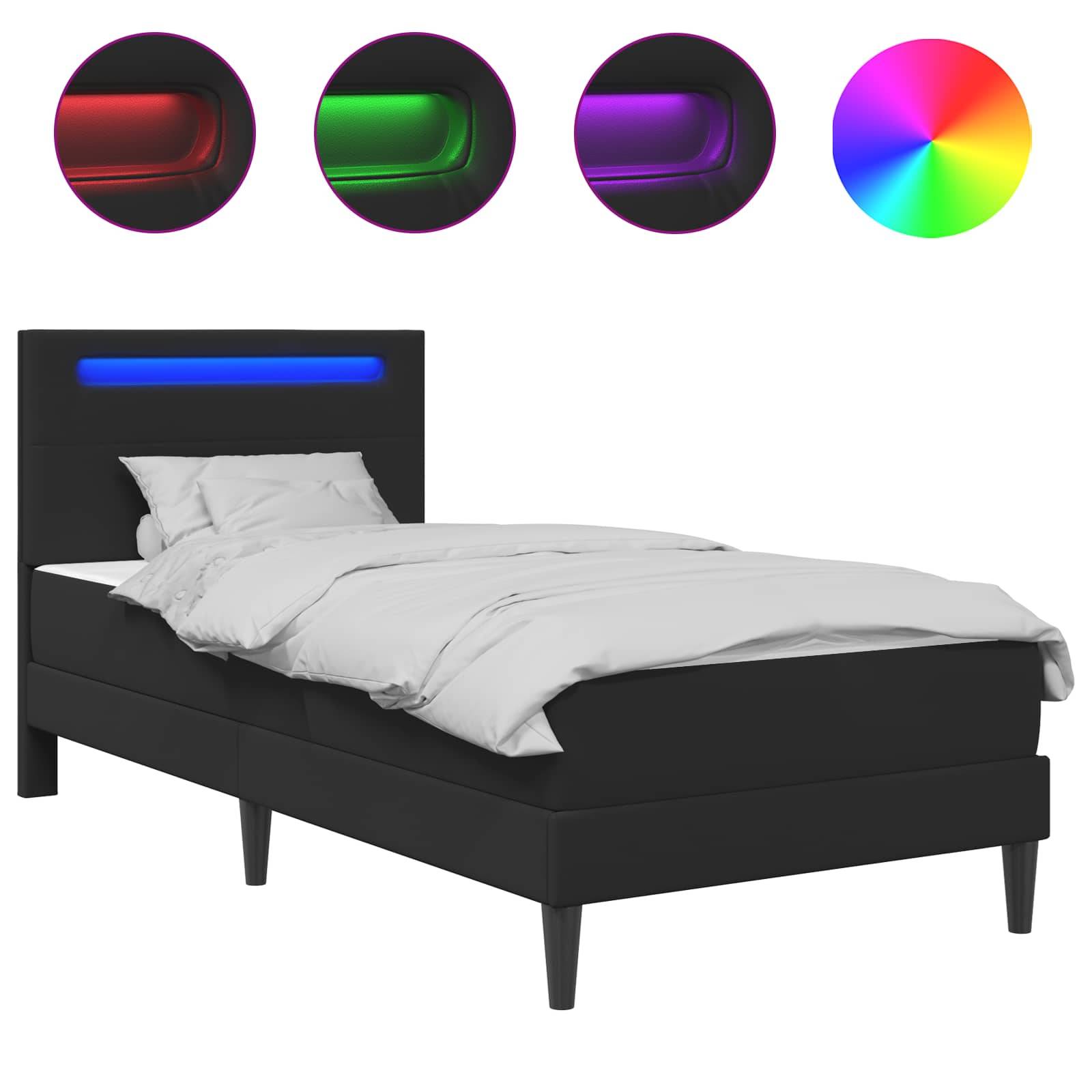 Schwarzes gepolstertes Bett mit blauer LED-Kopfleuchte, gezeigt mit Farboptionen oben einschließlich Rot, Grün, Lila und Multicolor.