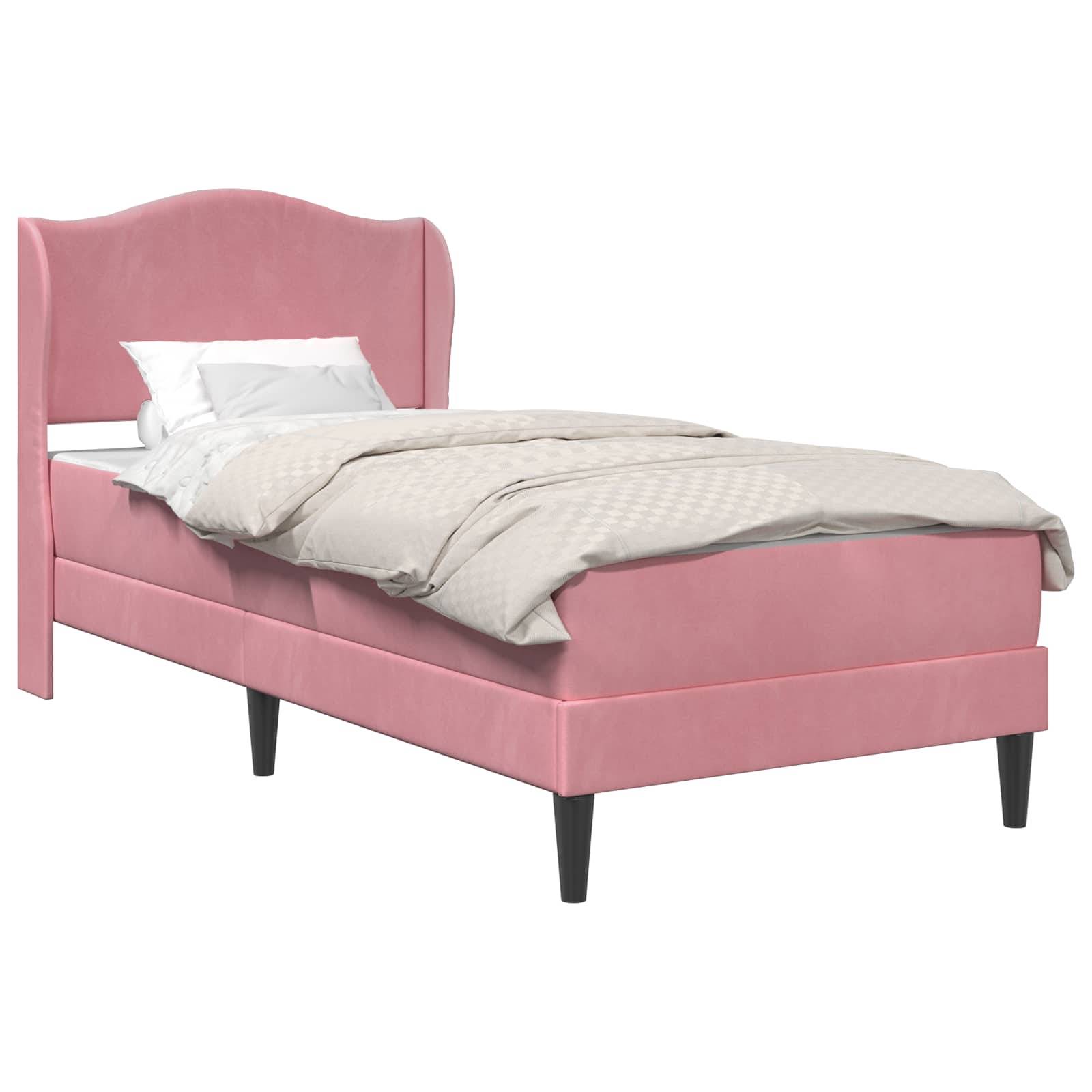 Rosa gepolstertes Einzelbett mit geschwungenem Kopfteil, weißes Kissen und graue Bettwäsche auf schwarzen Beinen, shown auf weißem Hintergrund.