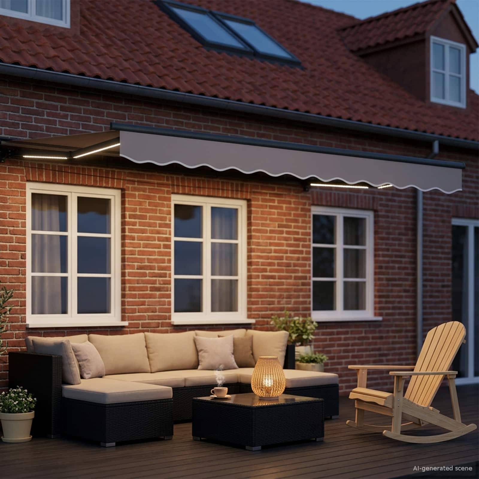 Überdachte Terrasse mit Sectional-Sofa, Couchtisch, Schaukelstuhl und Wandbeleuchtung neben einem Backsteinhaus unter einem Vordach.