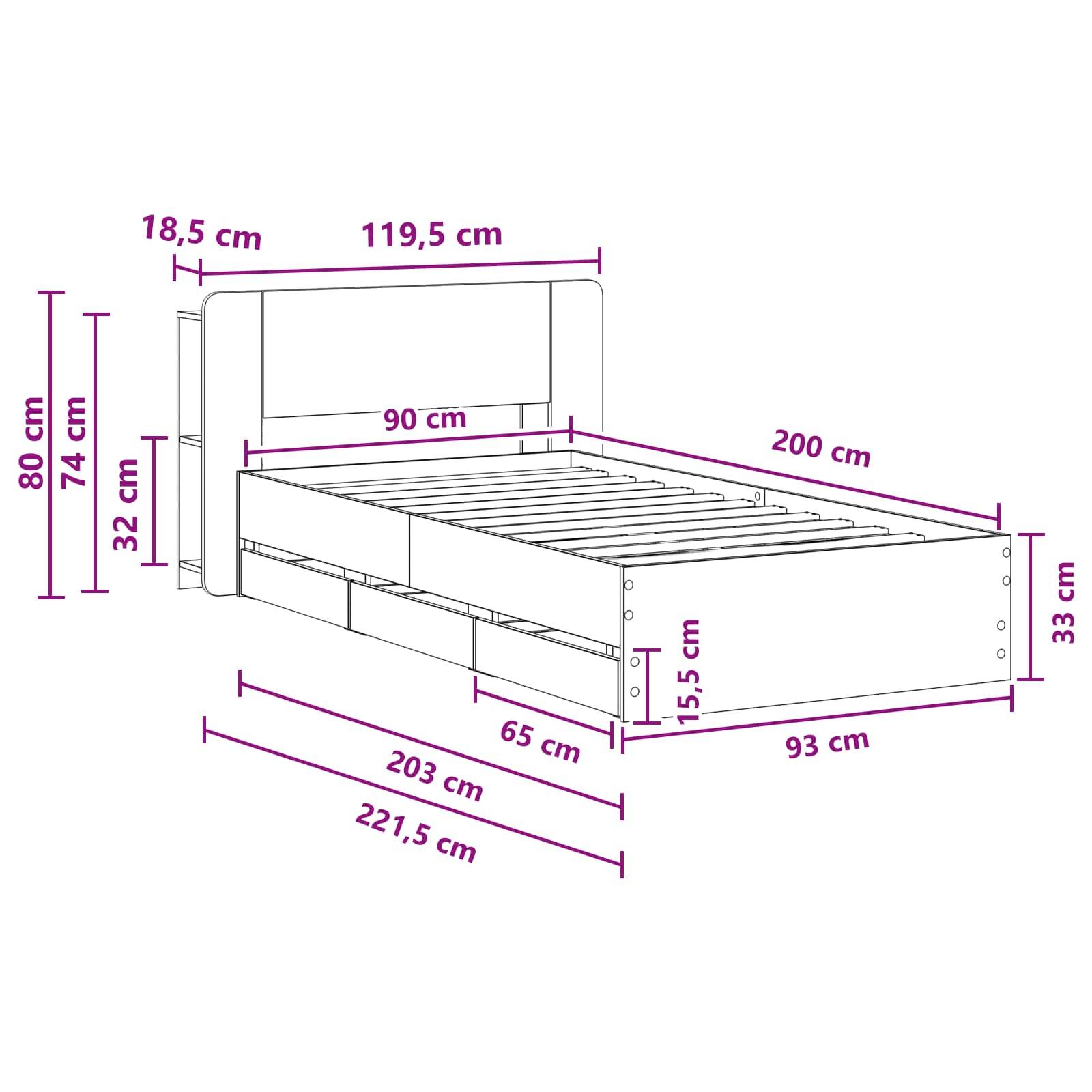 vidaXL Bettgestell mit Stauraum Grau Sonoma 90 x 200 cm Holzwerkstoff