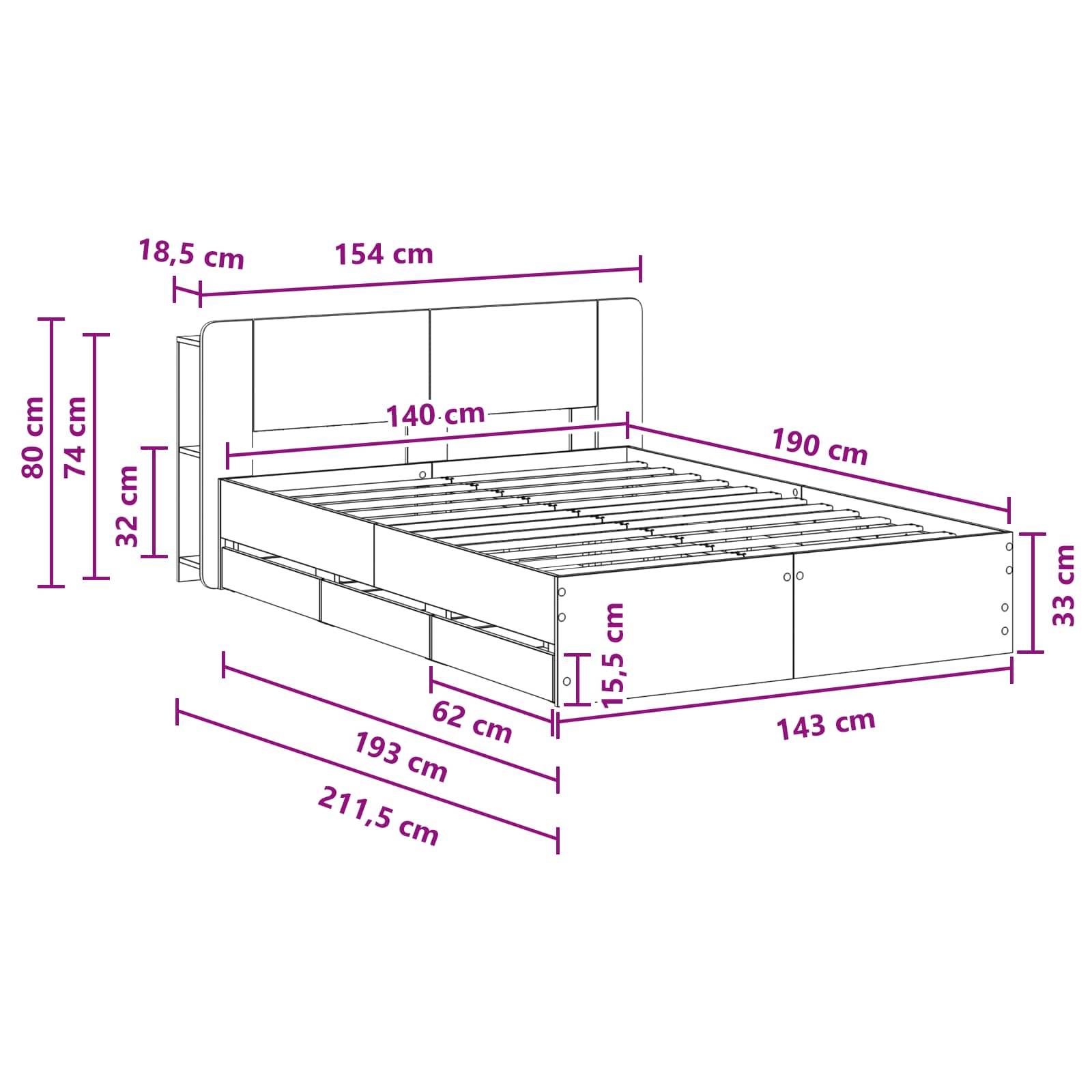 vidaXL Bettgestell mit Stauraum Geräucherte Eiche 135 x 190 cm