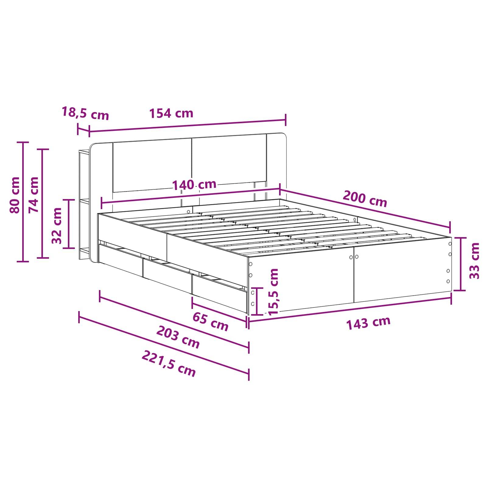 vidaXL Bettgestell mit Stauraum Grau Sonoma 140 x 200 cm Holzwerkstoff