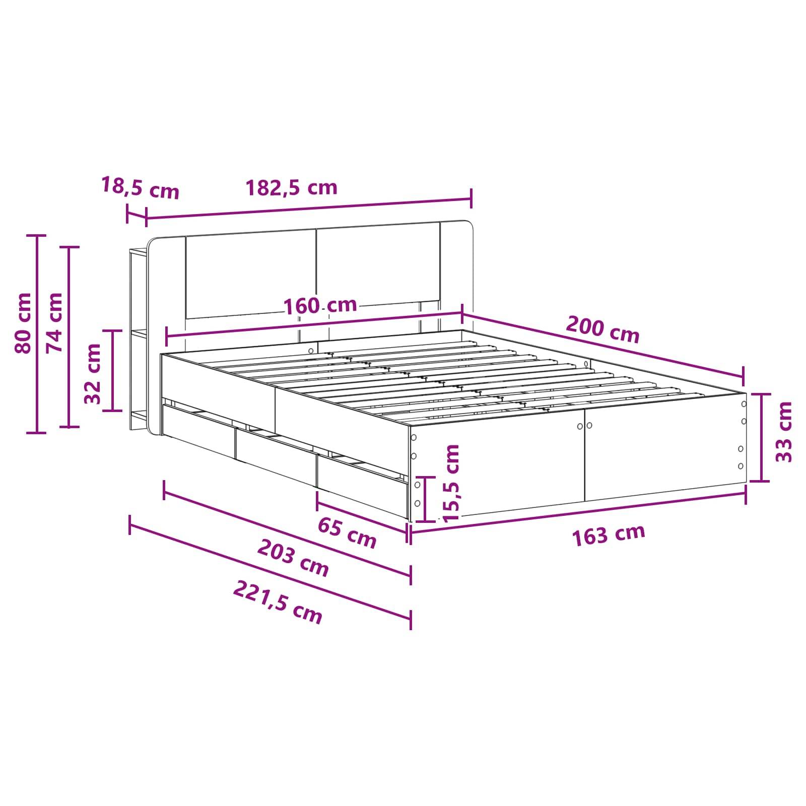 vidaXL Bettgestell mit Stauraum Grau Sonoma 160 x 200 cm Holzwerkstoff
