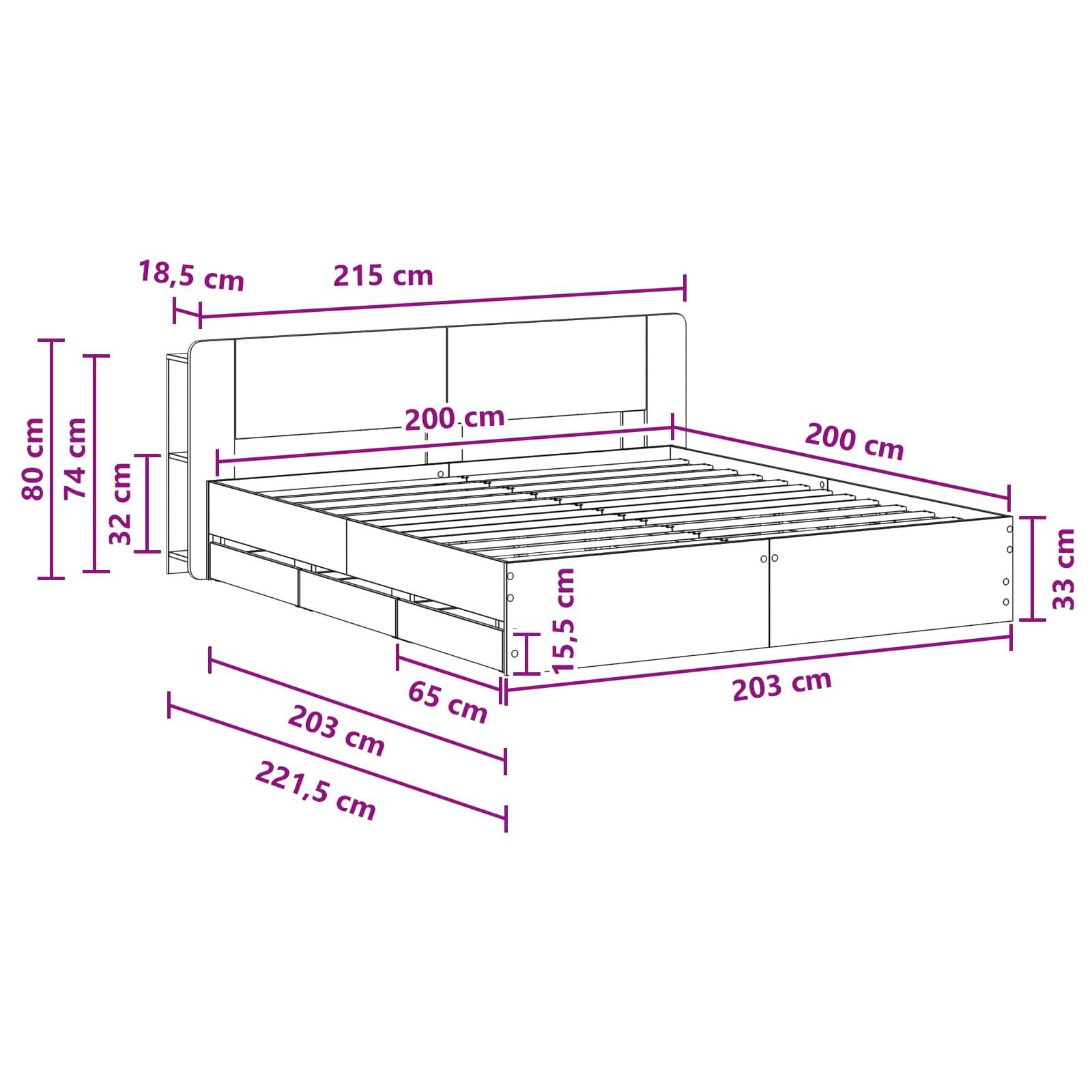 vidaXL Bettgestell mit Stauraum Grau Sonoma 200 x 200 cm Holzwerkstoff