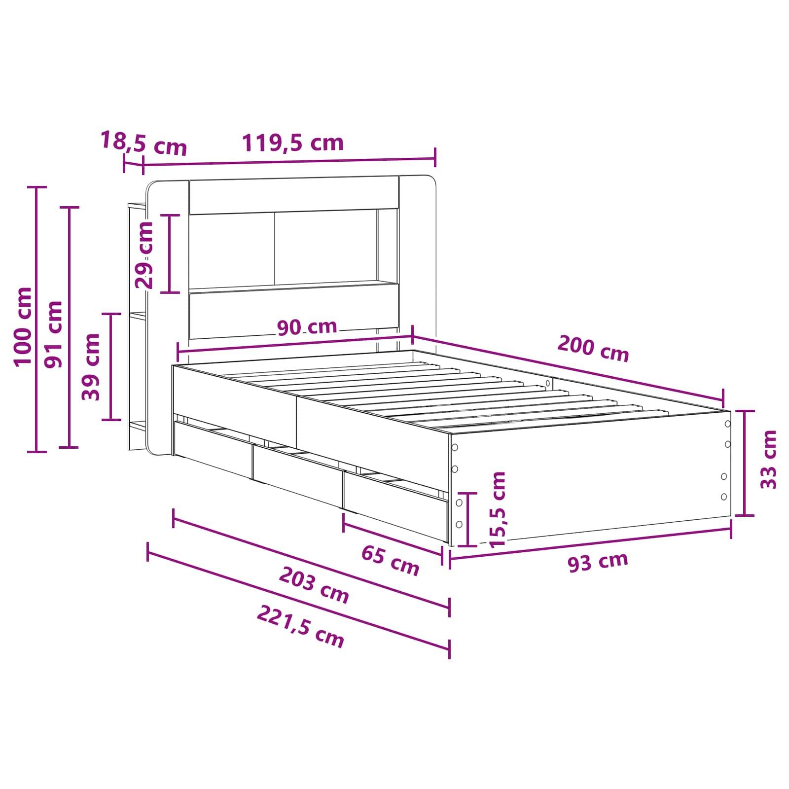 vidaXL Bettgestell mit Stauraum Geräucherte Eiche 90 x 200 cm