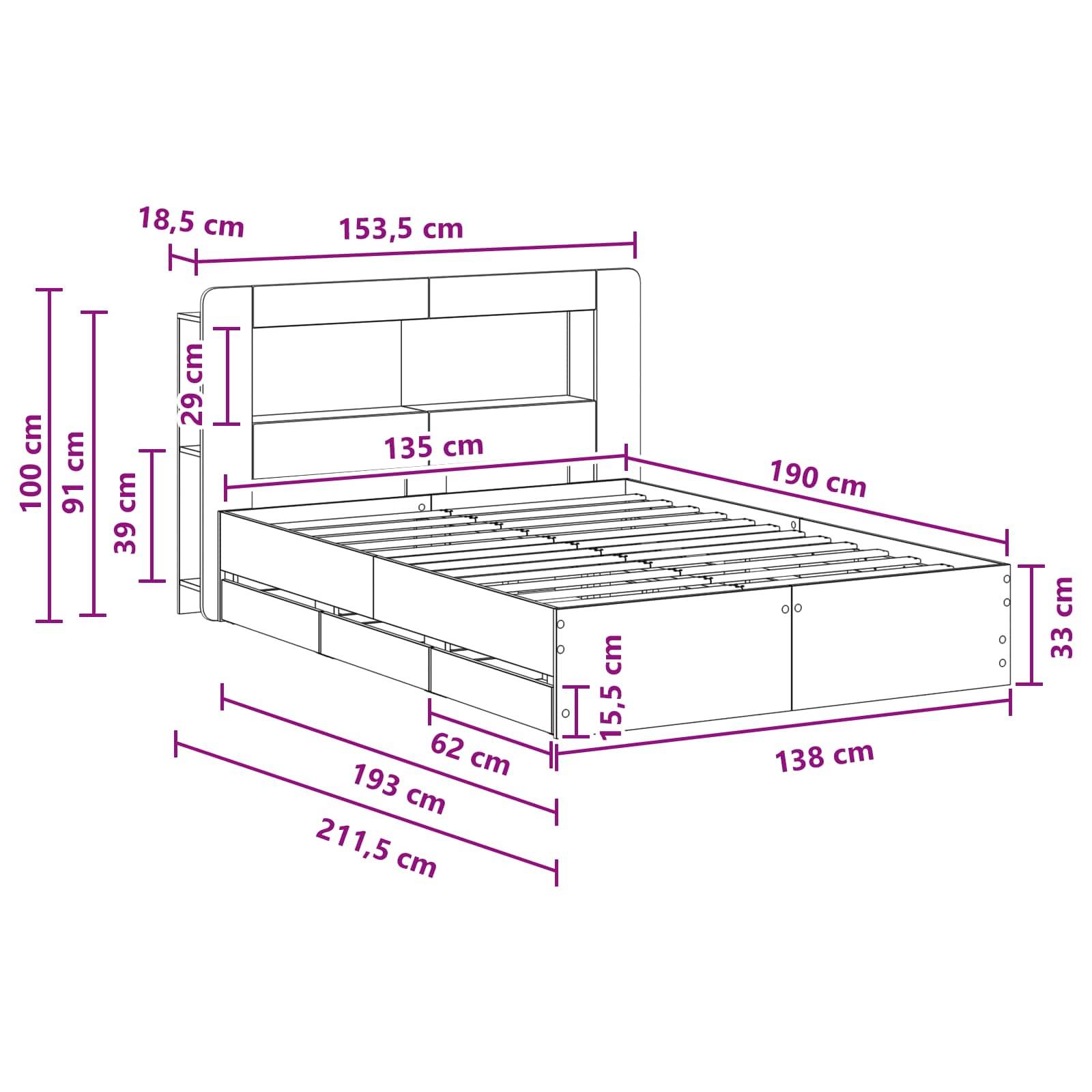 vidaXL Bettgestell mit Stauraum Geräucherte Eiche 135 x 190 cm