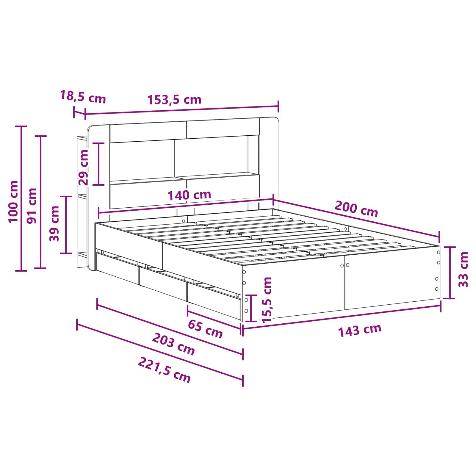 vidaXL Bettgestell mit Stauraum Grau Sonoma 140 x 200 cm Holzwerkstoff