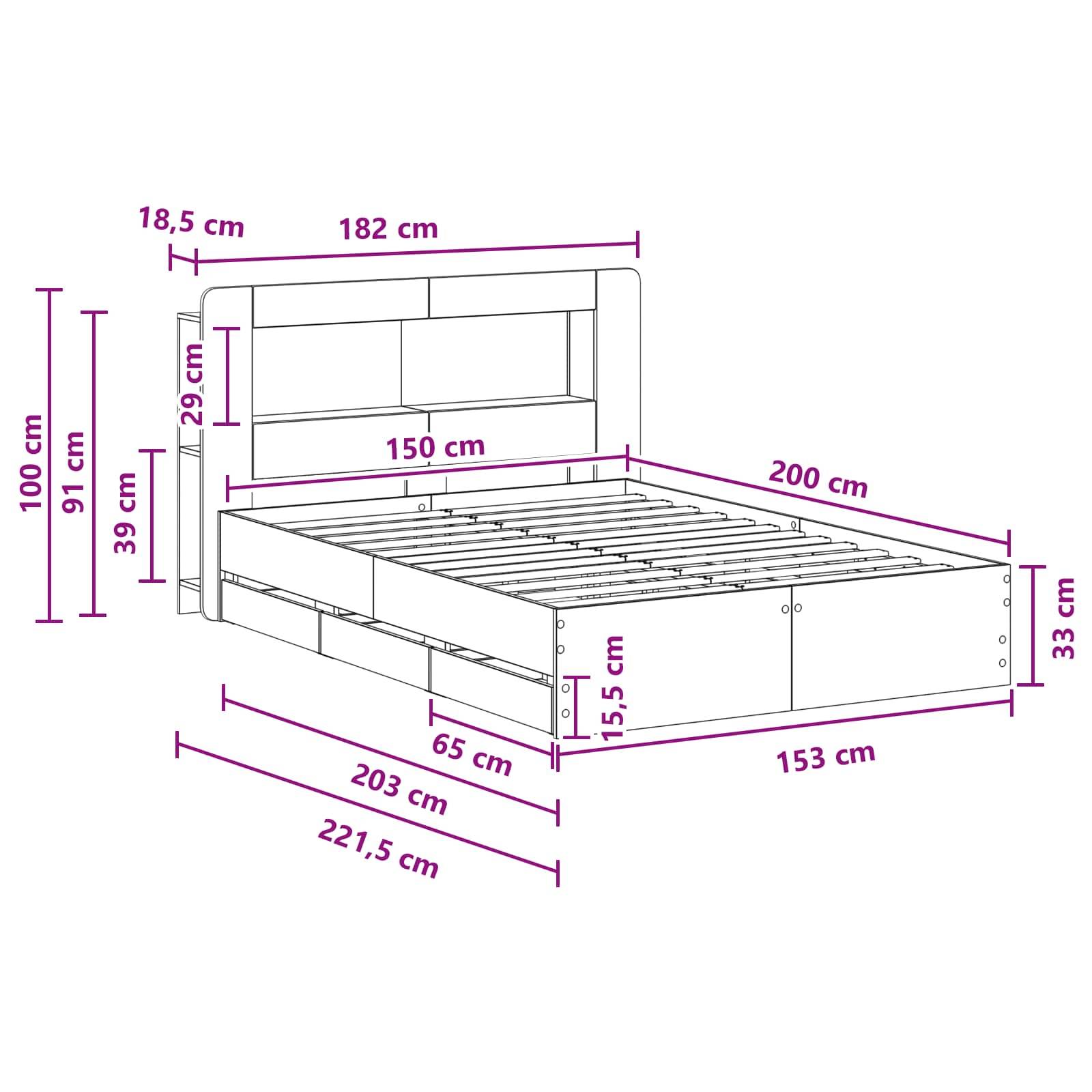 vidaXL Bettgestell mit Stauraum Betongrau 150 x 200 cm Holzwerkstoff