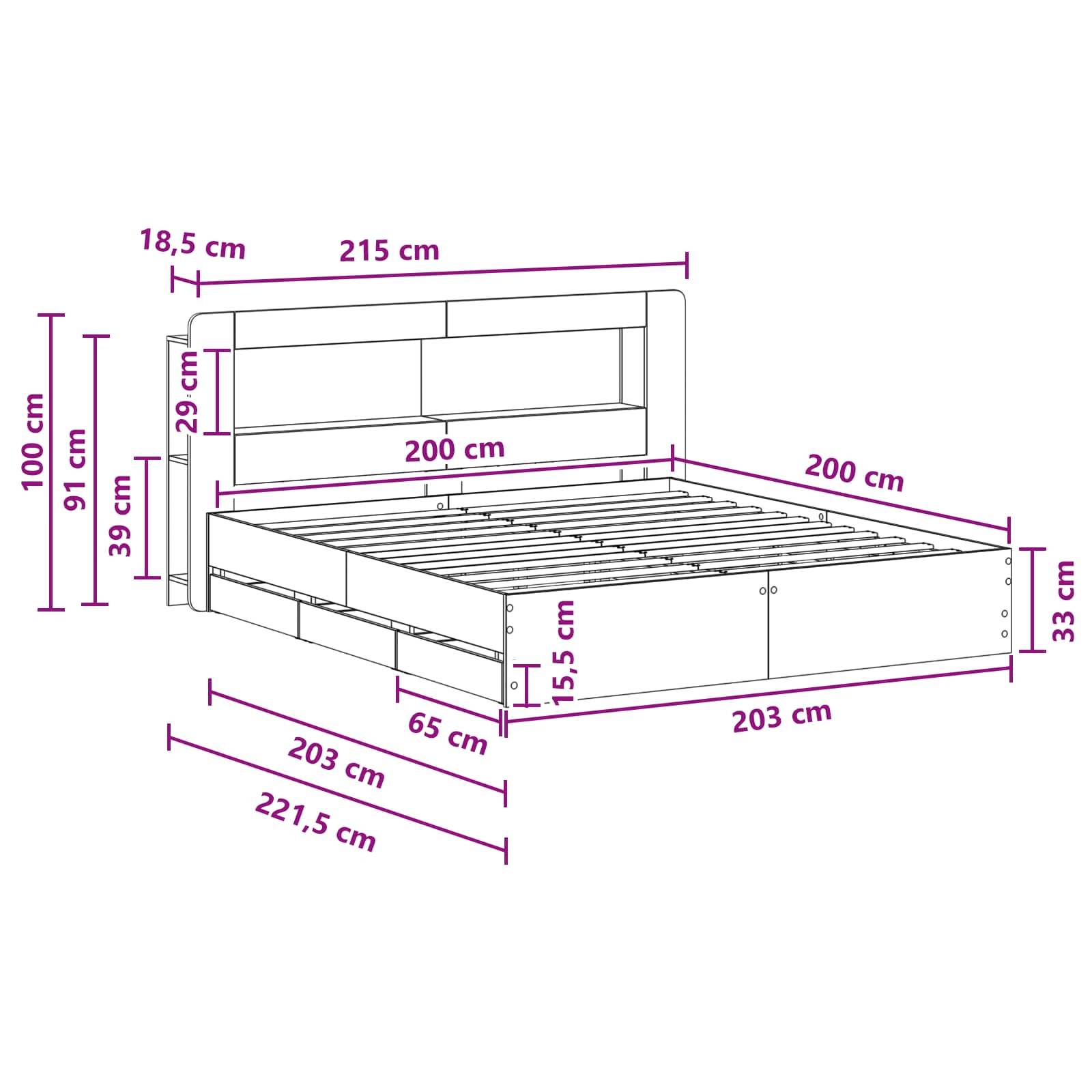 vidaXL Bettgestell mit Stauraum Grau Sonoma 200 x 200 cm Holzwerkstoff