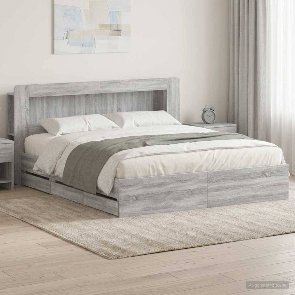 vidaXL Bettgestell mit Stauraum Grau Sonoma 200 x 200 cm Holzwerkstoff