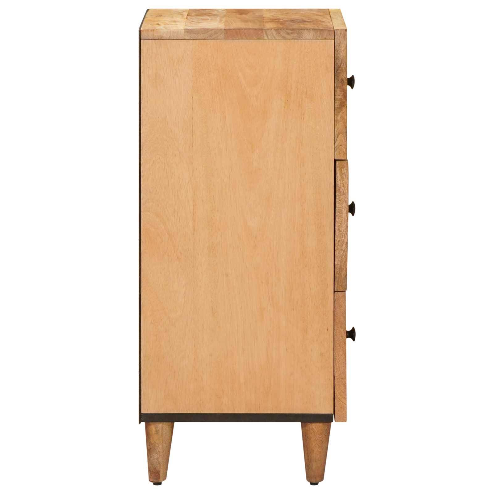 Hoher Schrank aus hellem Holz mit schlicht gestaltetem Kopfteil, drei seitlichen Schubladen und sich verjüngenden Beinen auf weißem Hintergrund.