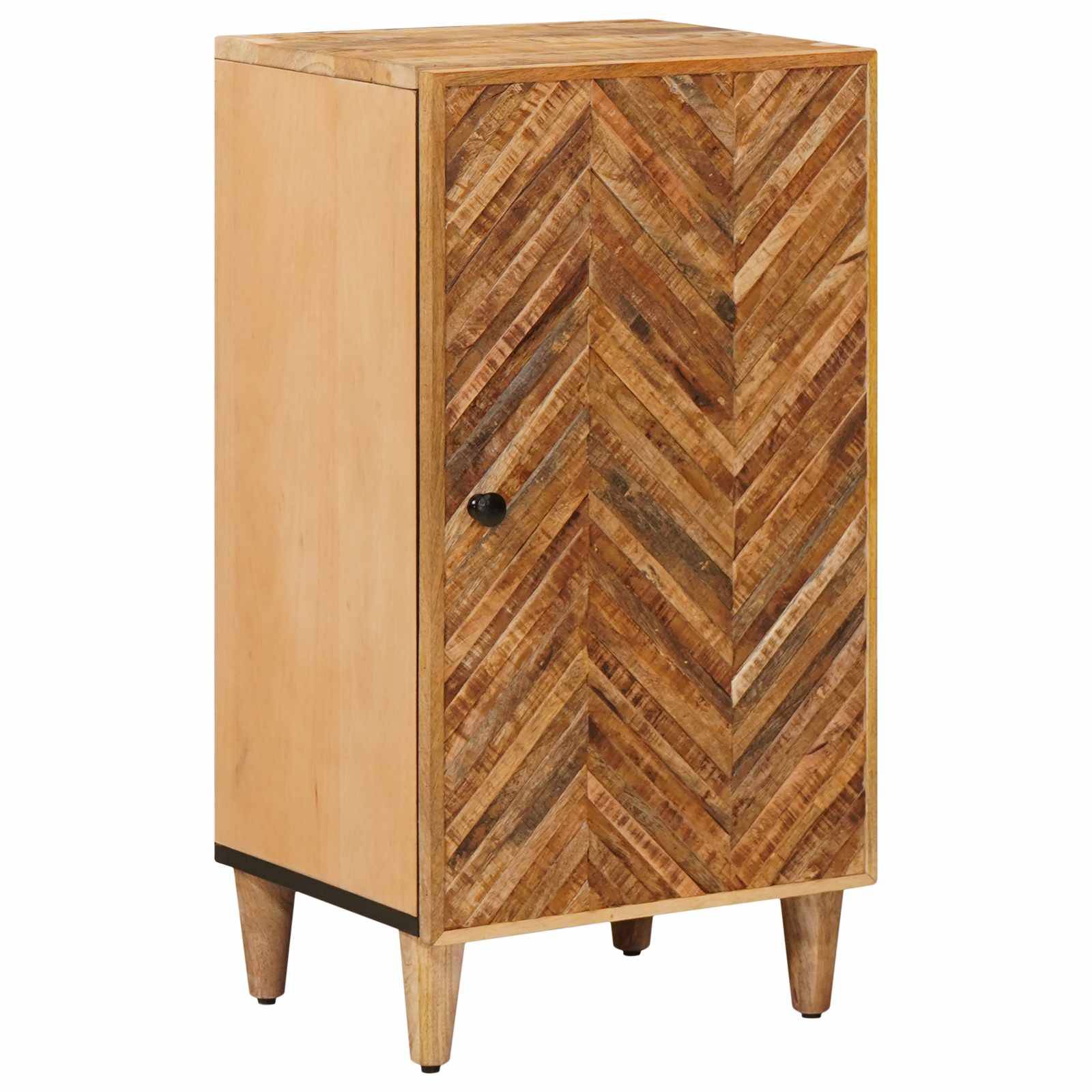 Holzschrank mit Chevron-Muster an der Vorderseite, eine Tür, schwarzer Knauf und sich verjüngende Beine.