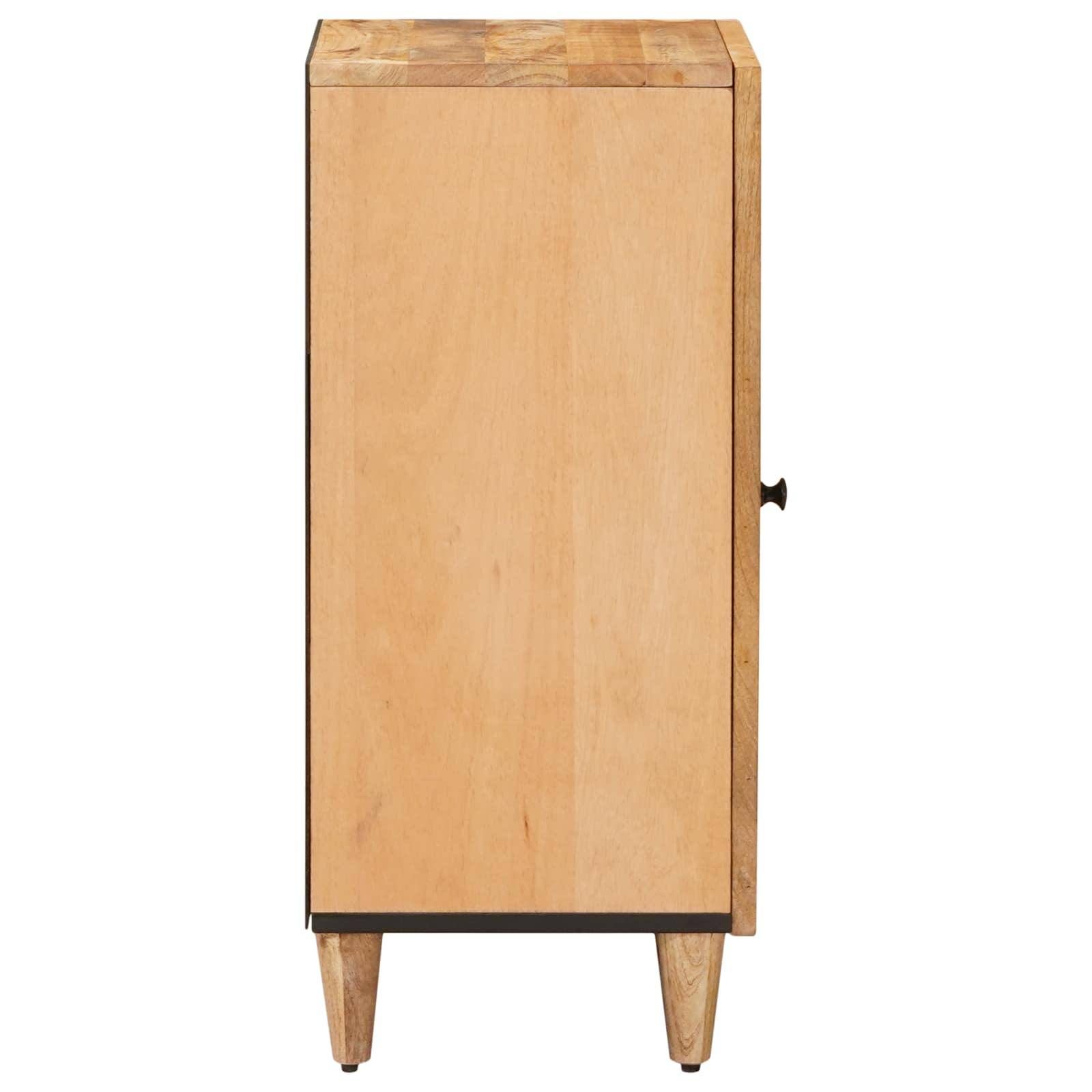 Ein hohes Holzmöbel oder eine Lagerkiste mit einer schlichten Vorderseite, einem seitlichen Griff und vier sich verjüngenden Beinen auf weißem Hintergrund.