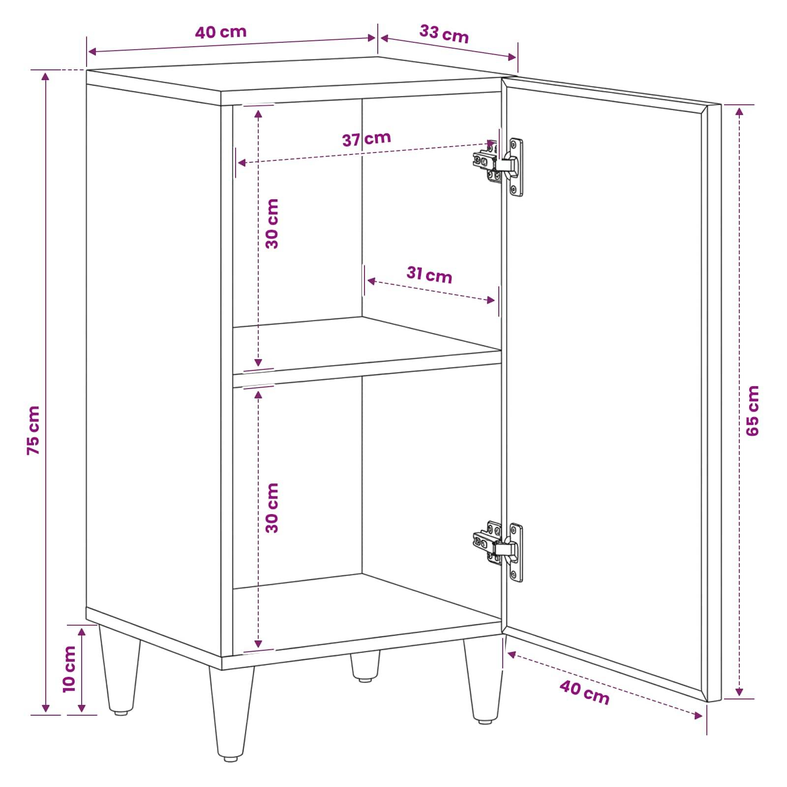 Maßstabgerechte Zeichnung eines offenen Schranks mit einer Tür, zeigt die Gesamtgröße von 40 cm Breite, 33 cm Tiefe, 75 cm Höhe sowie Regal- und Türmessungen.