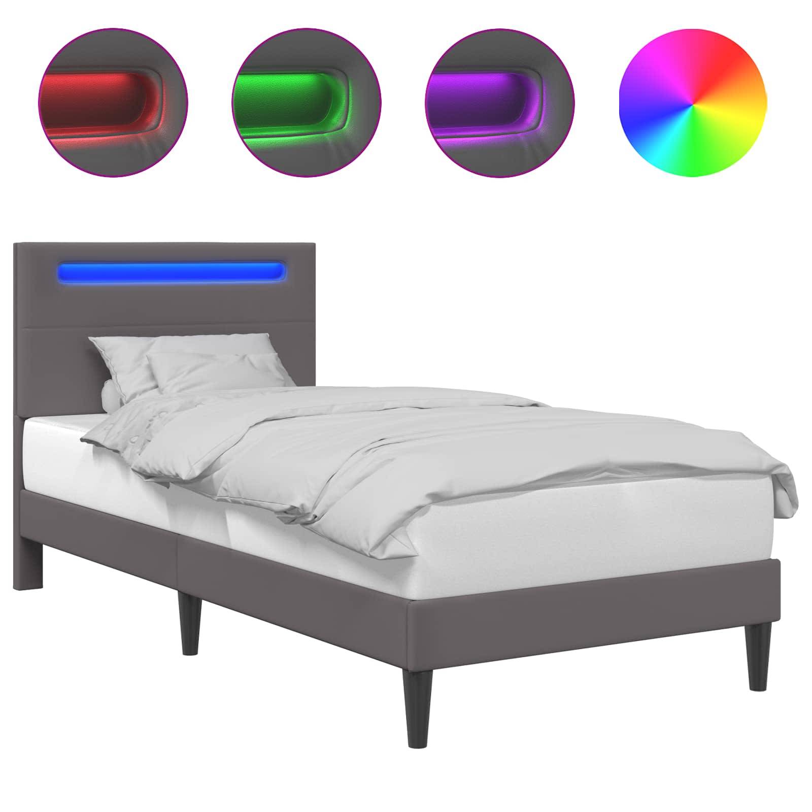vidaXL Bettrahmen mit LED-Lichtleisten Grau 90 x 200 cm Kunstleder