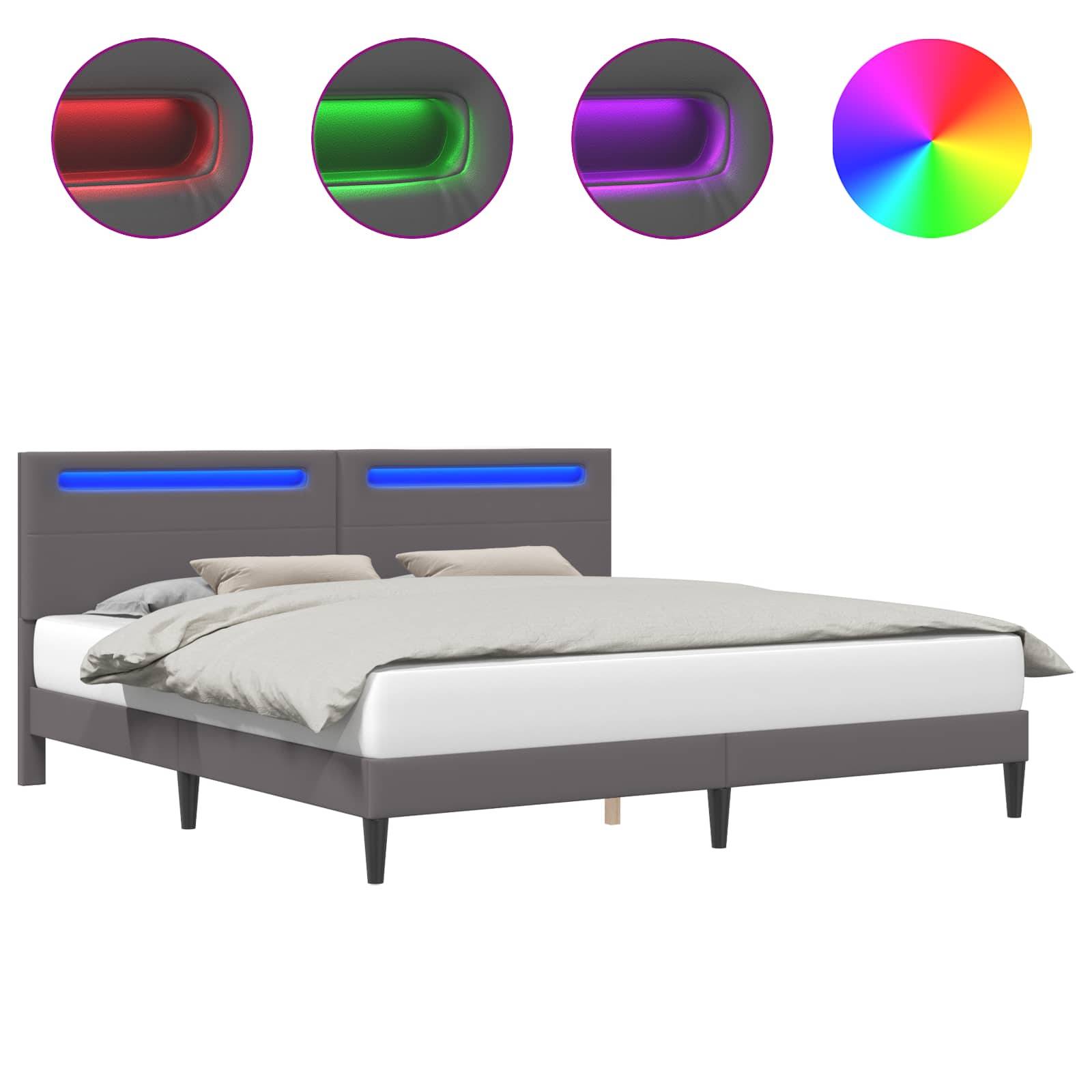 vidaXL Bettrahmen mit LED-Lichtleisten Grau 180 x 200 cm Kunstleder