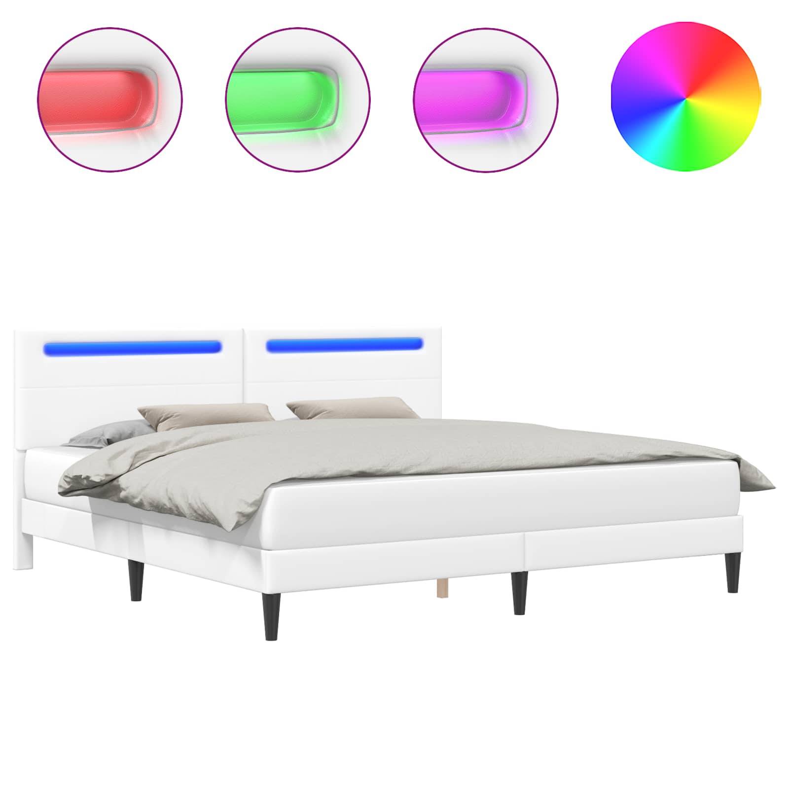 Weißes modernes Bett mit einstellbaren LED-beleuchteten Kopfteilen und Farbwähler-Symbolen, die Rot, Grün, Lila und ein Farbrad zeigen.