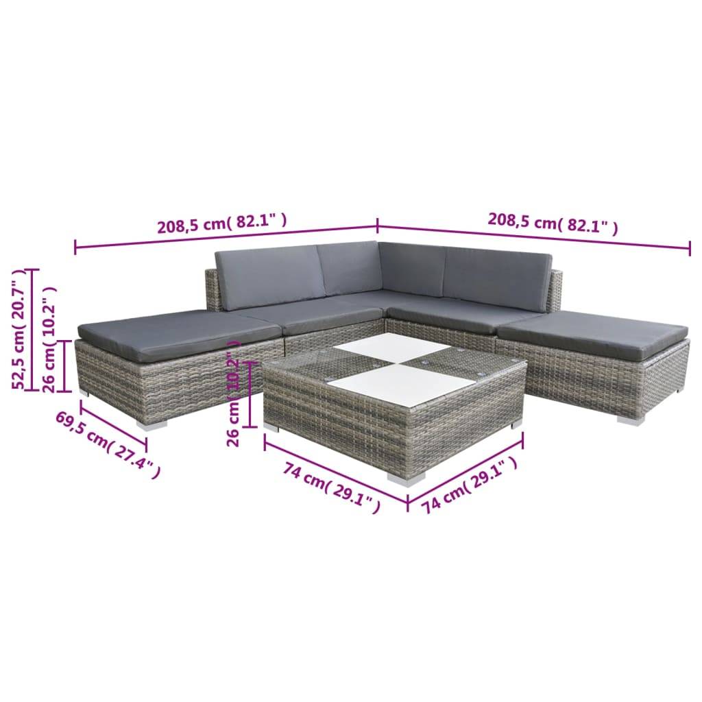 vidaXL 6-tlg. Garten-Lounge-Set mit Kissen Poly Rattan Grau
