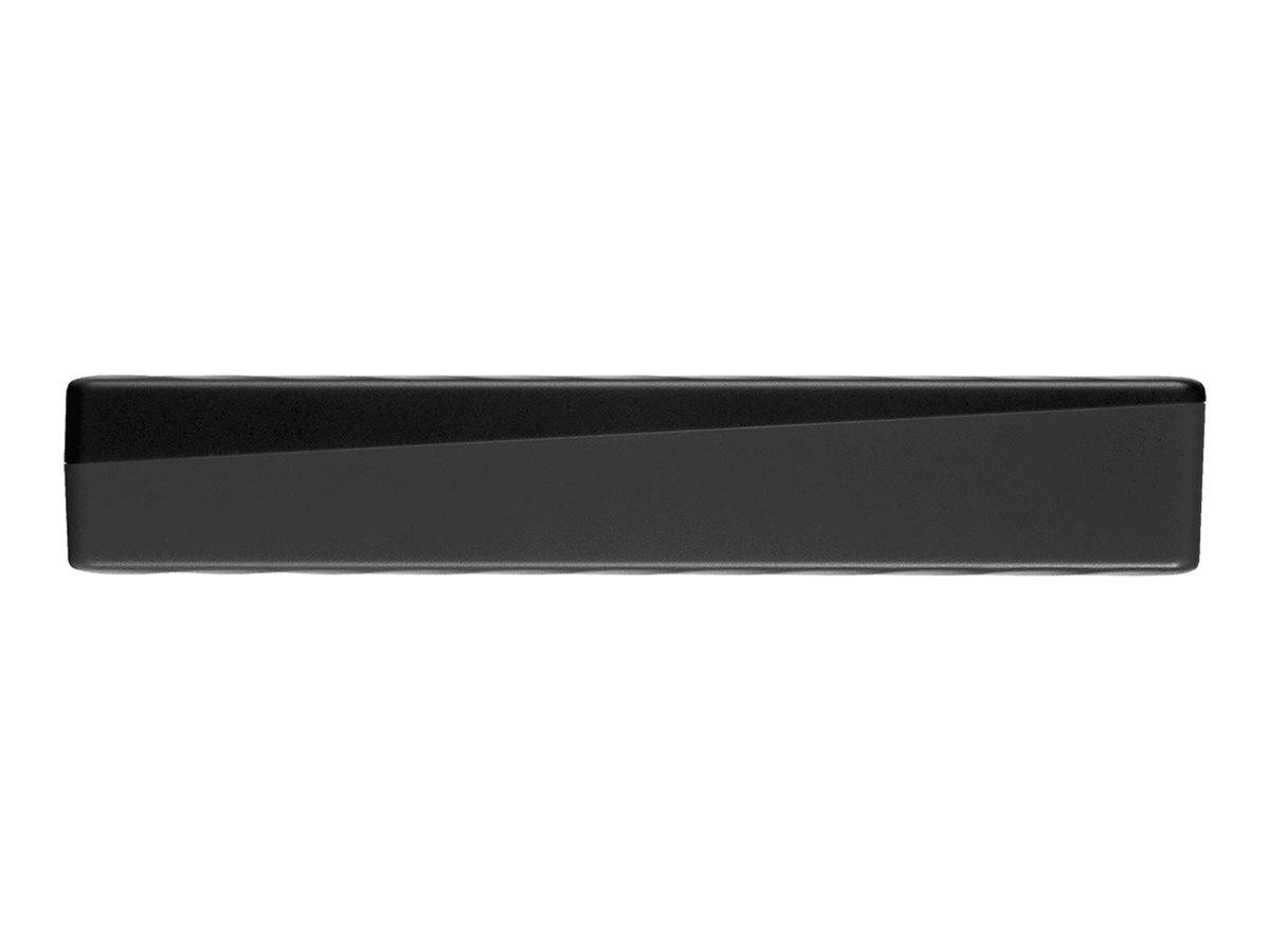 Schwarze rechteckige Soundbar-Lautsprecher auf weißem Hintergrund.