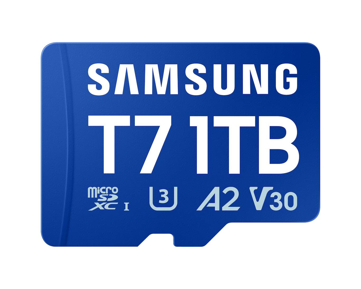 Blaue Samsung microSD-Karte mit der Bezeichnung „T7 1TB