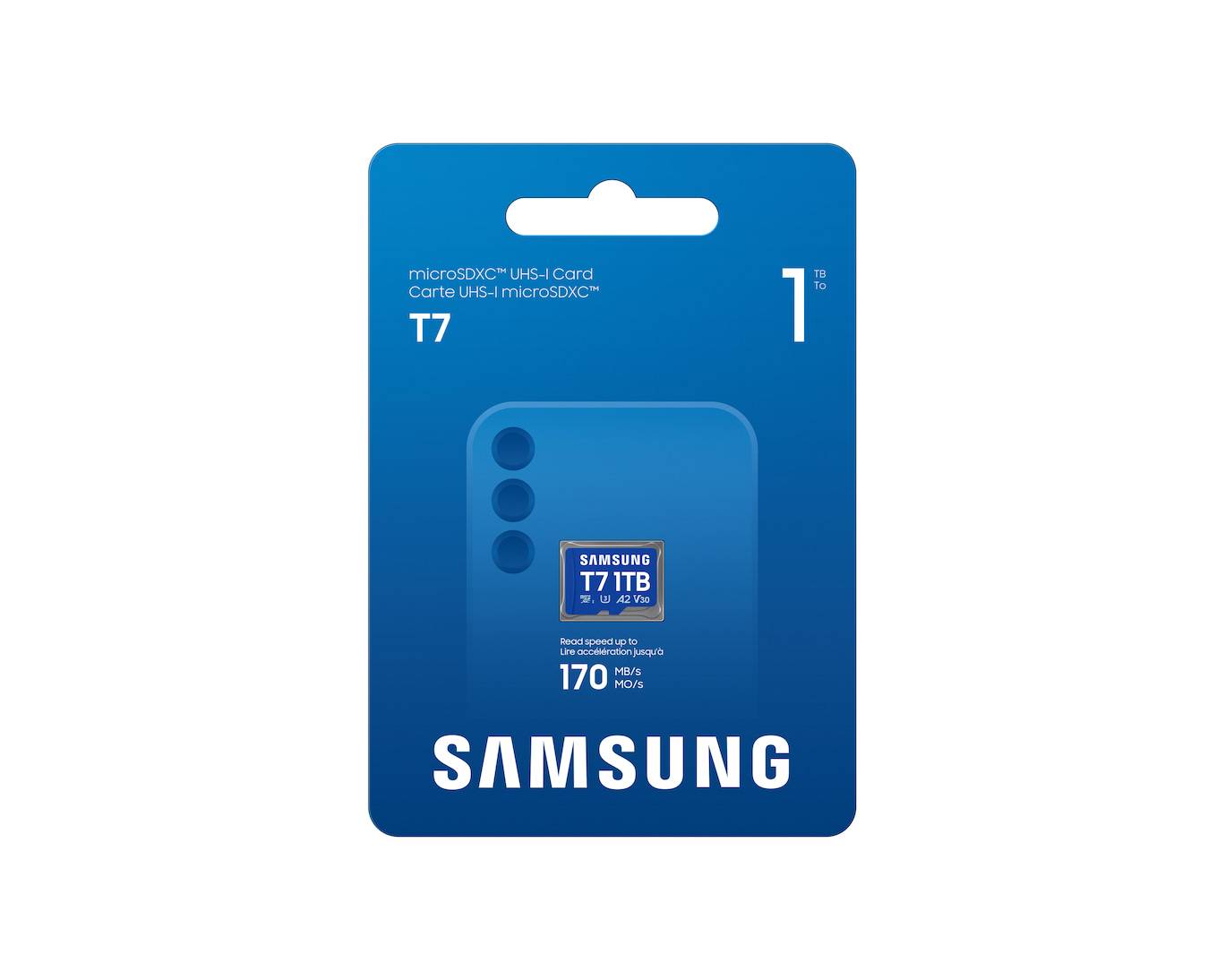 Samsung 1TB T7 microSDXC-Kartenepackung in Blau mit „170 MB/s