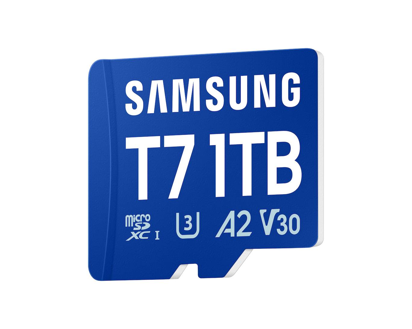 Blaue Samsung T7 1TB microSD-Karte mit Geschwindigkeitsklasse-Markierungen A2 und V30