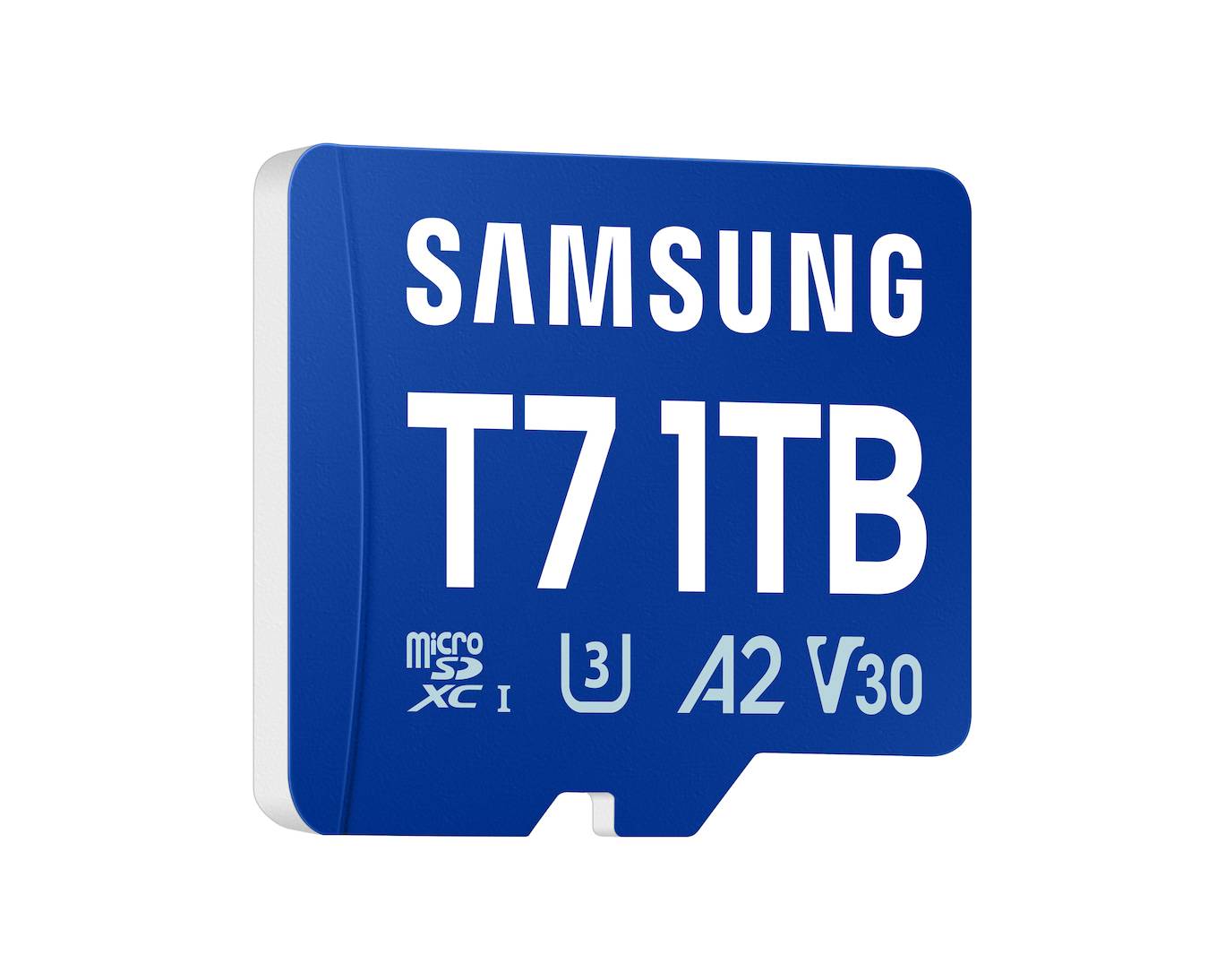 Samsung T7 1TB microSD-Karte mit A2- und V30-Geschwindigkeitsbewertungen auf einem blauen Etikett dargestellt.
