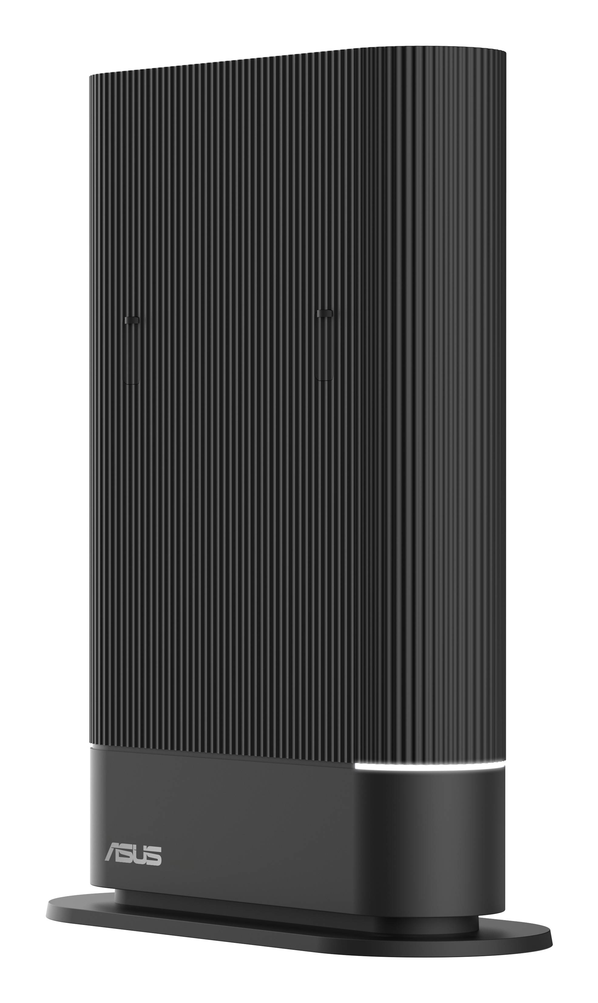 Schwarzer ASUS-Stehrouter mit Drahtlosfunktion, gerillter Vorderseite und Standfuß