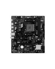 Computerhauptplatine von oben gezeigt, mit CPU-Sockel, Erweiterungssteckplätzen und rückwärtigen E/A-Anschlüssen, die auf einem einfachen weißen Hintergrund sichtbar sind.