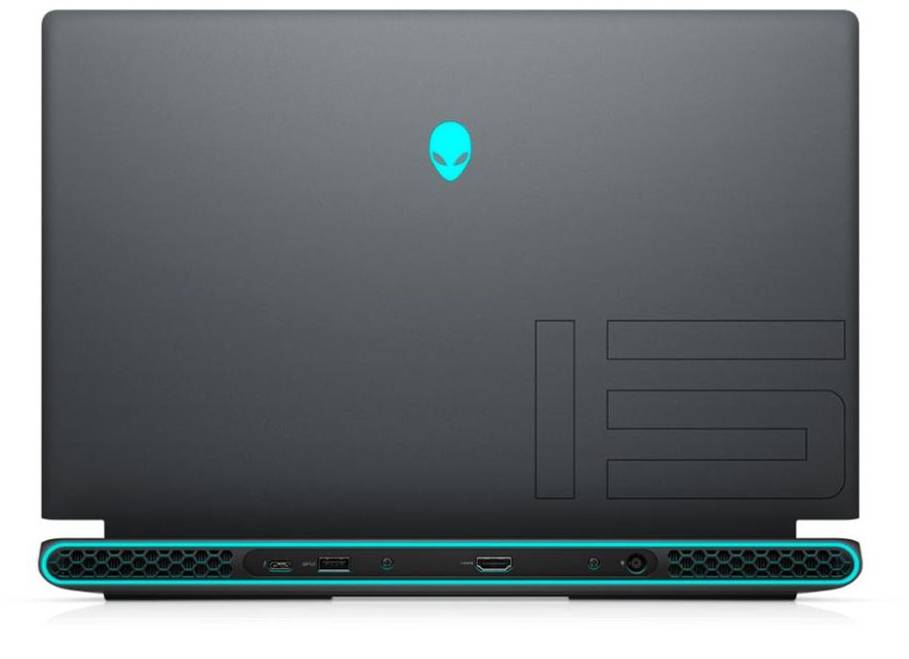 Rückansicht eines schwarzen Alienware-Laptops mit einem leuchtenden blauen Alien-Logo und cyan-farbig akzentuierten Lüftungsöffnungen entlang der unteren Kante.
