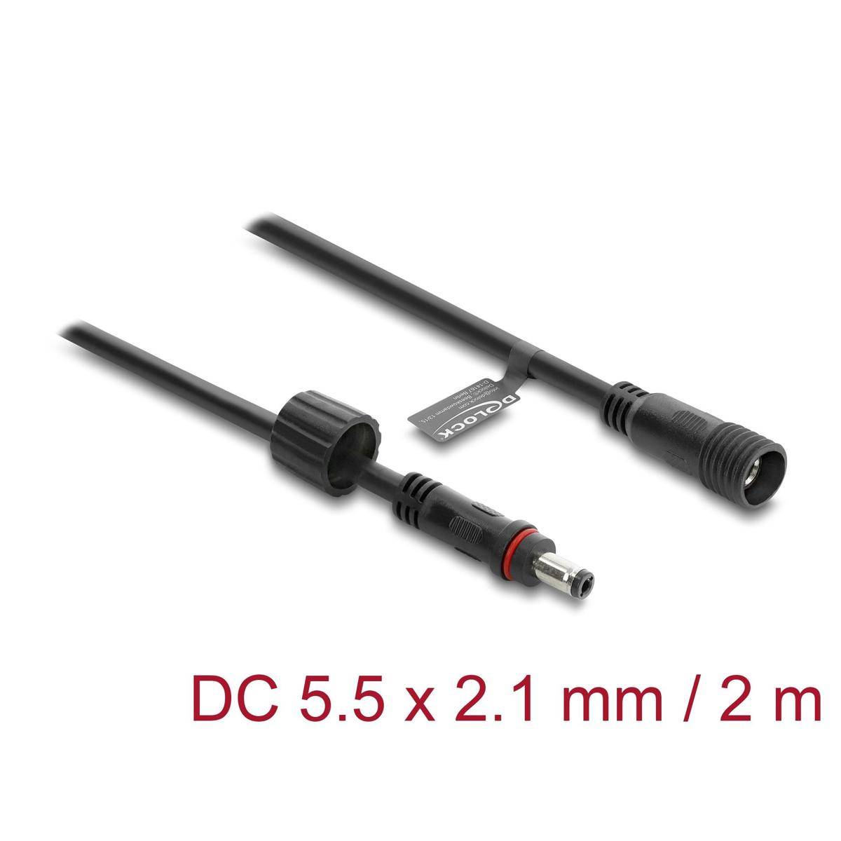 67384 - Delock DC Verlängerungskabel 5,5 x 2,1 mm Stecker zu Buchse mit Schraubverschluss M12 x 1,75 mm Gewinde wasserfest 18 AWG, 2 m schwarz