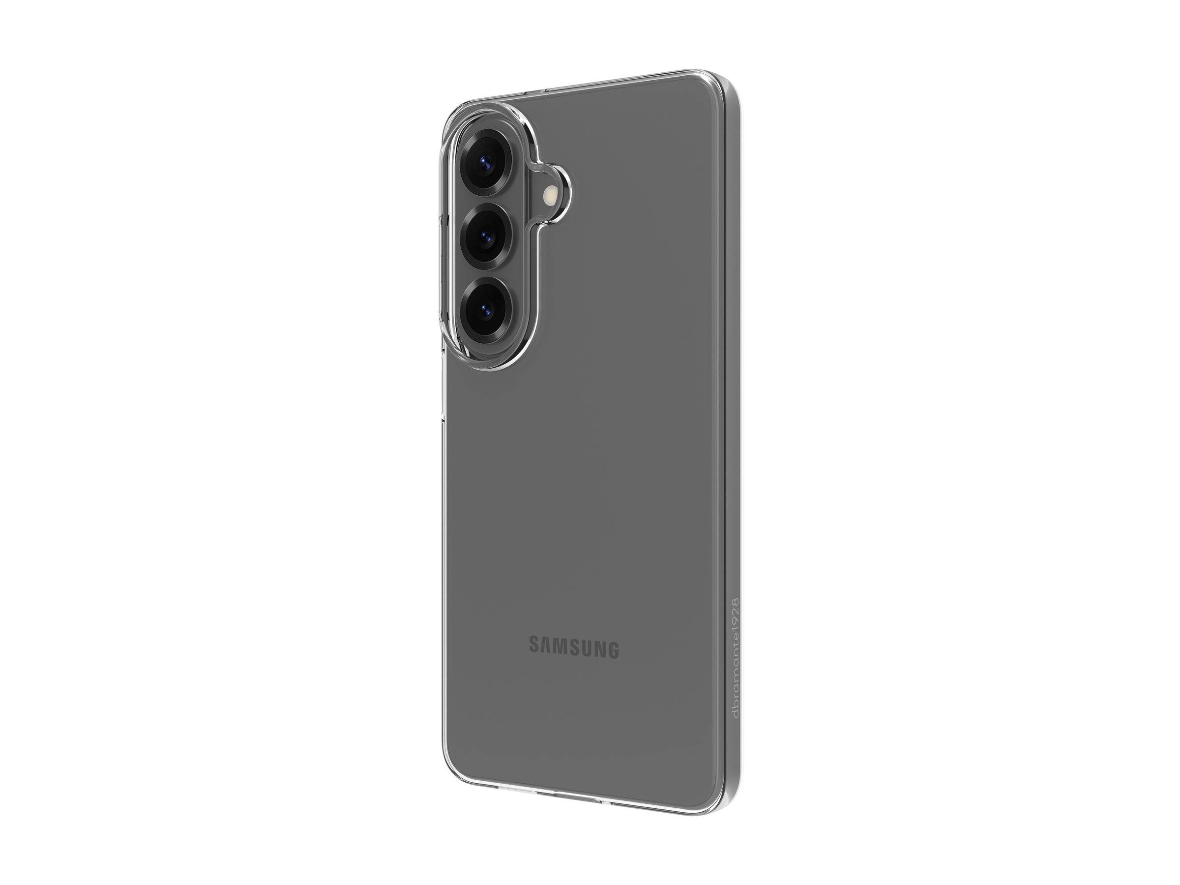 Graue Samsung-Smartphone-Hülle mit dreifachem Kameragussausschnitt auf weißem Hintergrund.