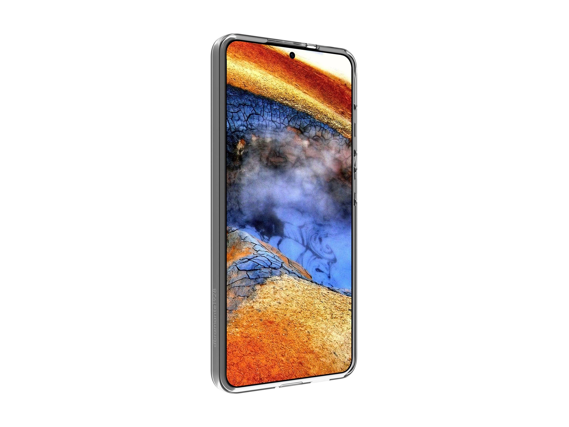 Ein silbernes Smartphone, das in einem Winkel gezeigt wird, mit einem farbenfrohen abstrakten Bildschirmhintergrund auf weißem Hintergrund.
