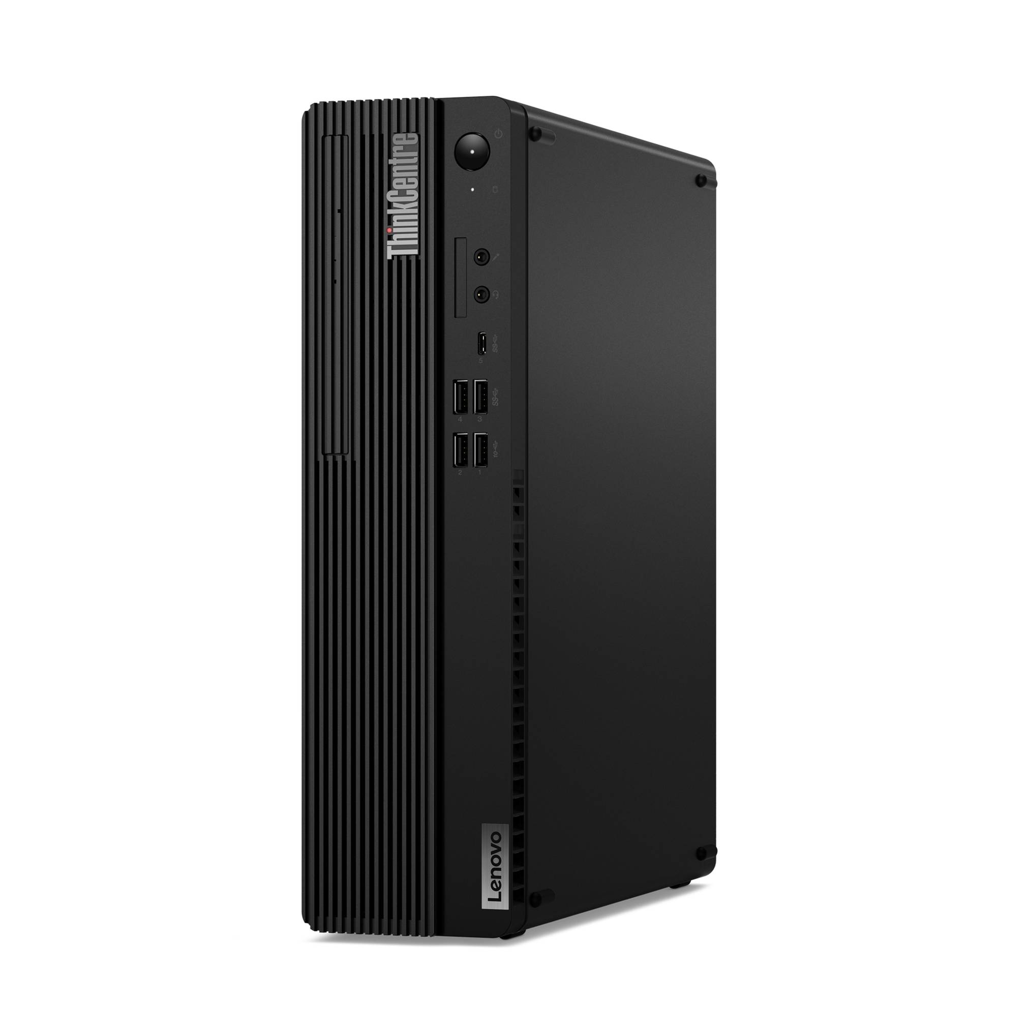Schwarzer Lenovo ThinkCentre Desktop-Tower in perspektivischer Ansicht, mit sichtbarem frontalem Lüftungsgitter, Einschaltknopf und USB-Anschlüssen auf weißem Hintergrund.