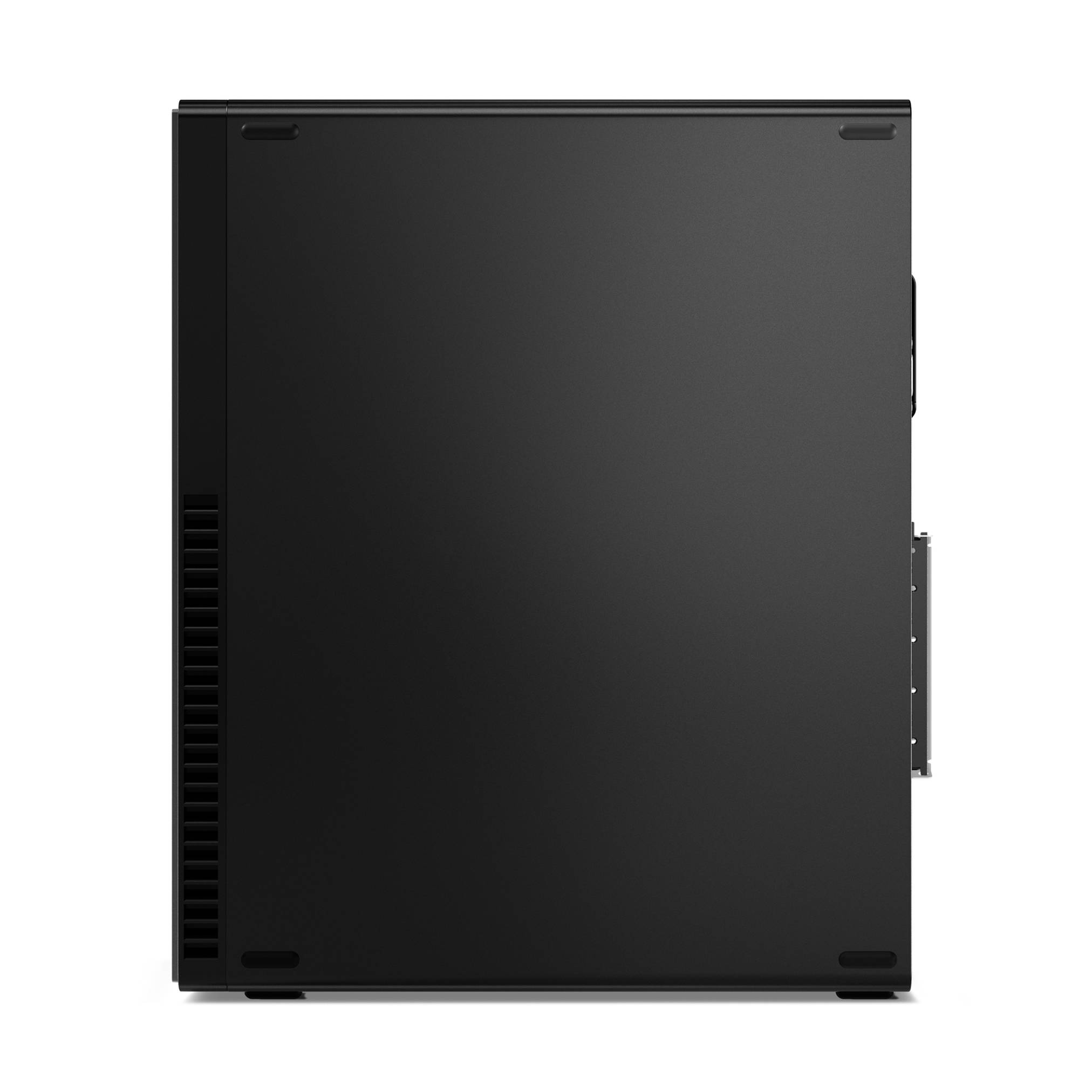 Rückansicht eines schwarzen Desktop-Computergehäuses mit Belüftungsschlitzen und Seitenpaneelbefestigungen, dargestellt auf weißem Hintergrund.