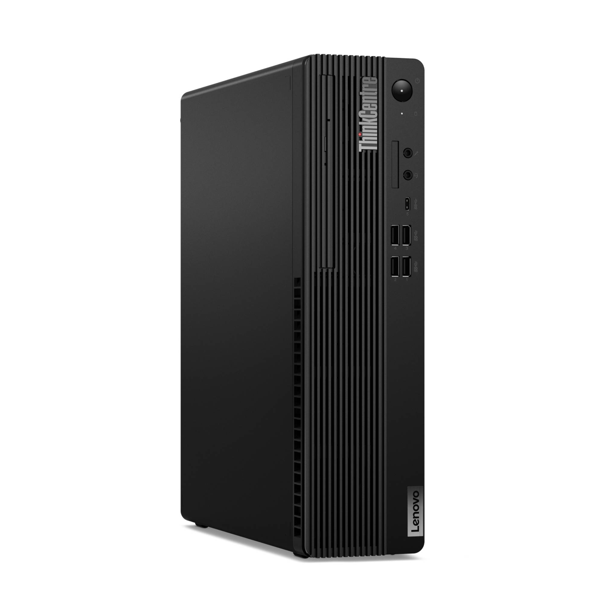 Schwarzer Lenovo ThinkCentre Desktop-Tower, Frontansicht, mit vertikalem Lüftungsgitter, Stromschalter und USB-Anschlüssen.