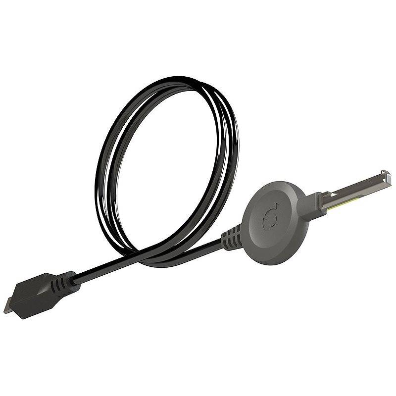 Schwarzes Kabel mit einem runden grauen USB-Adapter und kleinen Steckerverbindungen auf weißem Hintergrund.