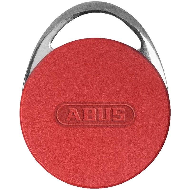 Rotes ABUS Vorhängeschloss mit runder Form und silbernem Bügel, Vorderansicht auf weißem Hintergrund.