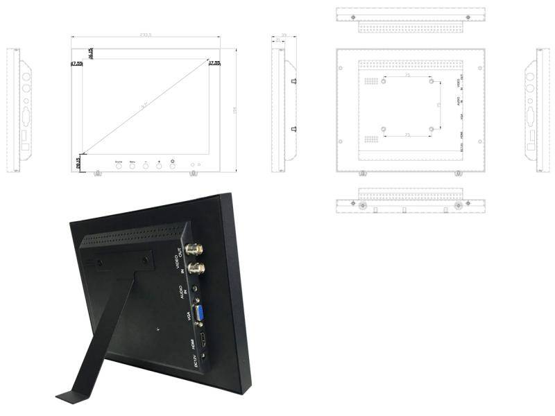 Technische Zeichnung und 3D-Ansicht eines Flachbildschirms/Monitors mit Vorder-, Seiten- und Rückansicht sowie Abmessungen und Anschlüsse auf einem Ständer auf der Rückseite.