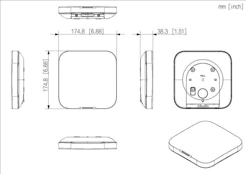 Technische Zeichnung eines quadratischen Wireless-Geräts, die Vorder-, Seiten-, Draufsicht und perspektivische Ansichten mit Abmessungen von 174,8 mm x 174,8 mm und 38,3 mm Dicke zeigt.