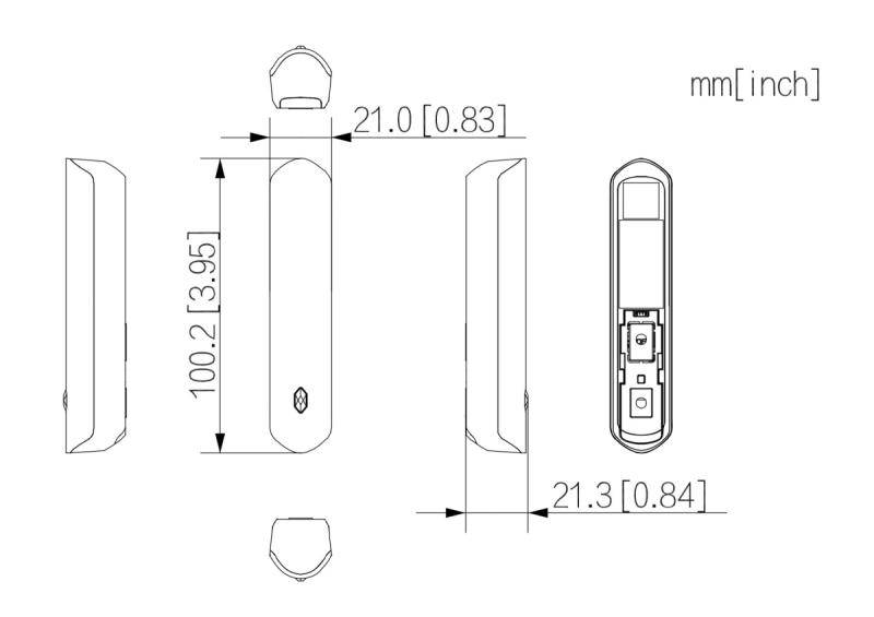 Technisches Abmessungsdiagramm eines schlanken tragbaren Geräts mit Vorder-, Seiten- und Draufsicht mit Maßangaben in mm und Zoll: 100,2 [3,95] lang, 21,0 [0,83] breit und 21,3 [0,84] tief.