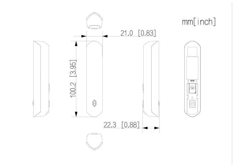 Technische Zeichnung eines schlanken rechteckigen Geräts mit Front-, Seiten- und Rückansicht mit den Abmessungen 100,2 mm Länge, 21,0 mm Breite und 22,3 mm Tiefe.