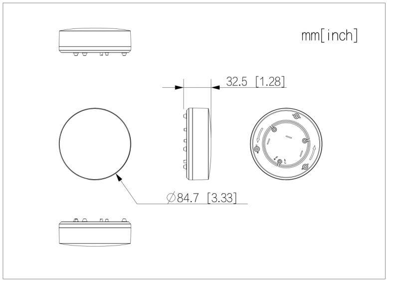 Technische Zeichnung eines runden Geräts mit Draufsicht, Seitenansicht und Frontansicht mit Abmessungen von 84,7 mm Durchmesser und 32,5 mm Tiefe, Einheiten in mm und Zoll.