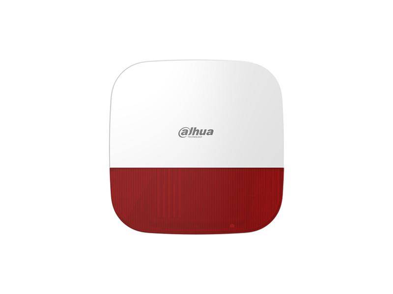 Weiße und rote, an der Wand montierte Dahua-Alarmsirene mit zentriertem Logo auf der Vorderseite