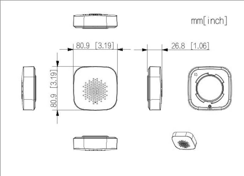 Technische Zeichnung eines quadratischen Geräts mit Vorder-, Seiten-, Draufsicht und Bodenansicht; Abmessungen angegeben als 80,9 mm (3,19 Zoll) Quadrat und 26,8 mm (1,06 Zoll) Tiefe.