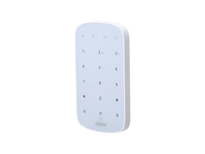 Weiße an der Wand montierte Dahua-Touchscreen-Tastatur mit numerischen Tasten und kleinen Statussymbolen auf einfachem Hintergrund