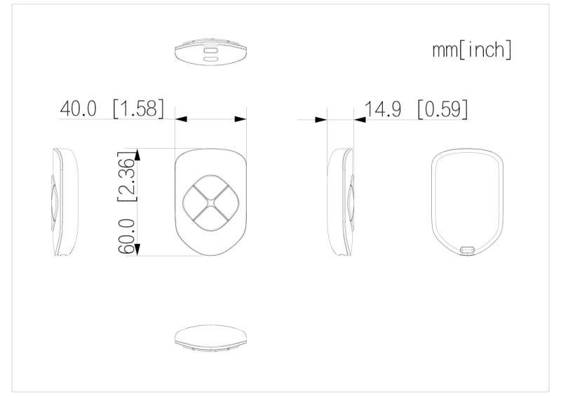 Technische Maßstabzeichnung eines kleinen gerundeten rechteckigen Geräts mit Vorder-, Seiten- und Draufsicht mit Maßangaben: 40,0 mm breit, 60,0 mm hoch, 14,9 mm tief.